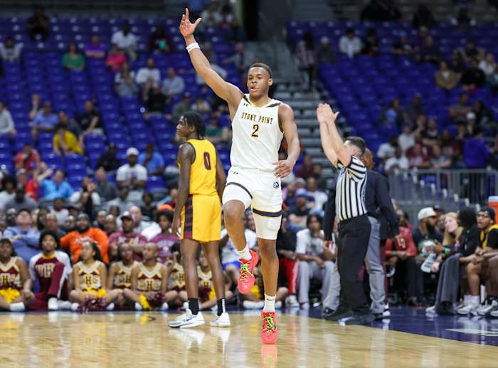Villanova signee Josiah Moseley celebrates during the first half of Stony Point's Class 6A state semifinal game against Beaumont United on Friday night at the Alamodome in San Antonio.